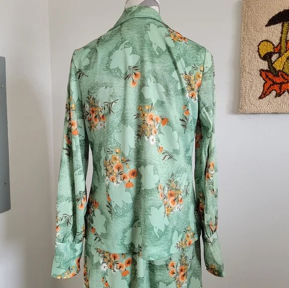70s Vintage Green Orange Floral Maxi Dress + Shirt Jacket - Picture 6 of 10